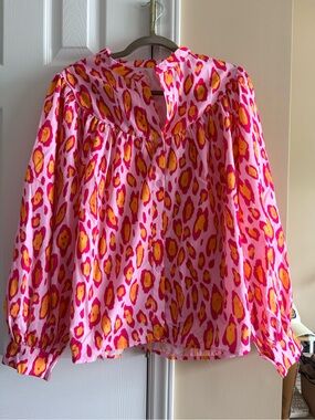 Vibrant Pink & Yellow Animal Print Button-Up Blouse